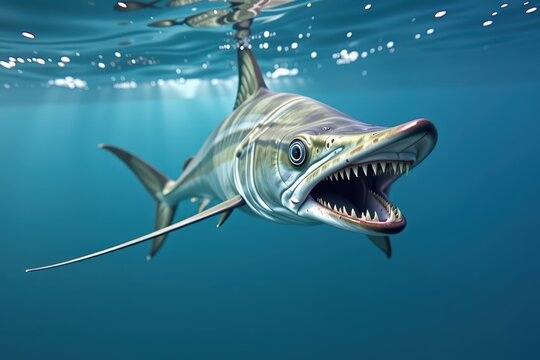 Great white shark in ocean, sun rays, sharp teeth, clear water, wildlife