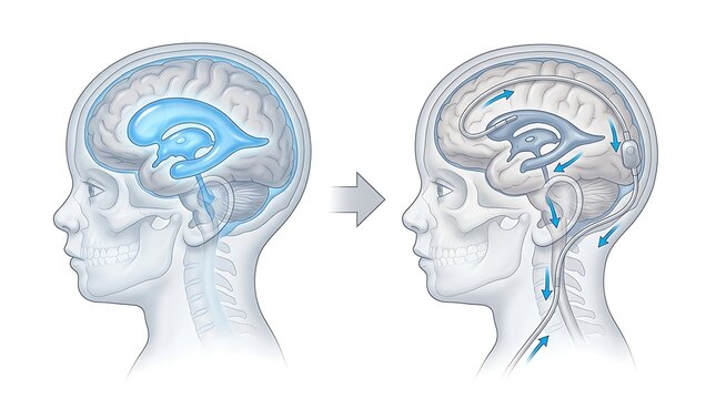 Ventriculoperitoneal shunt medical illustration for brain