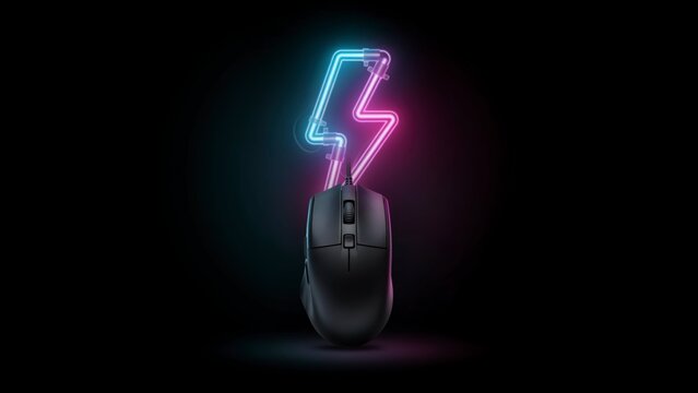 Black computer mouse with glowing neon lightning bolt symbol