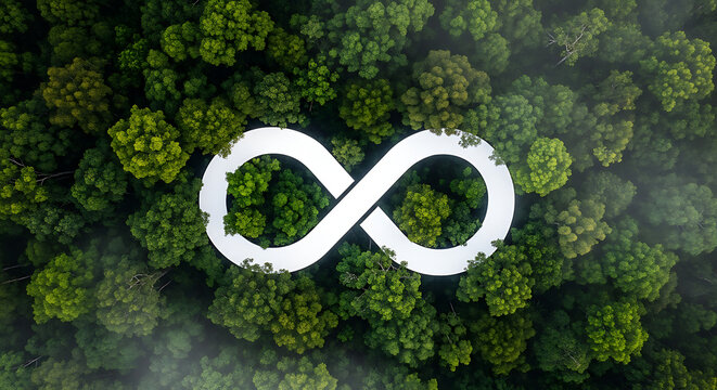 Infinity symbol formed by trees in a lush green forest, representing nature's endless cycle and sustainability.