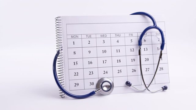 Stethoscope lying on paper calendar for scheduling medical appointments. Healthcare concept of doctor visitation dates and checkup planning.