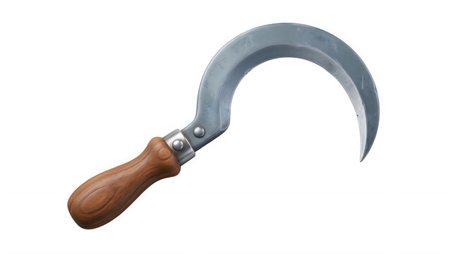 Stylized sickle with wooden handle isolated on black background