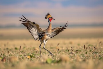 Obraz premium Crowned crane dancing with wings wide open on dry grassland