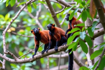 Fototapeta premium Red-ruffed lemurs perched on tree branch among green leaves