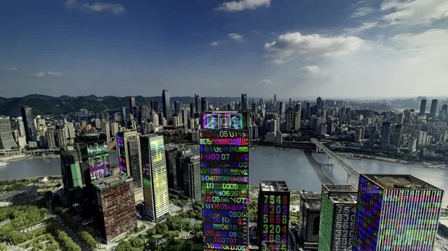 chongqing cyberpunk city with overlayed code and data on the buildings