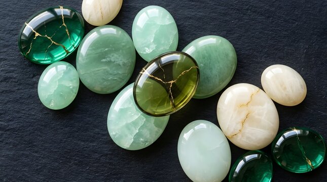 Collection of polished gemstones and glass pebbles with a cracked effect on slate background