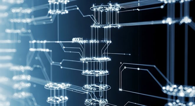 Holographic neural network model with circuit integration: a vertical stack of luminous circular platforms forms a stylized representation of a machine learning model, with the label &ldquo;MODEL1&rdquo; glowing 