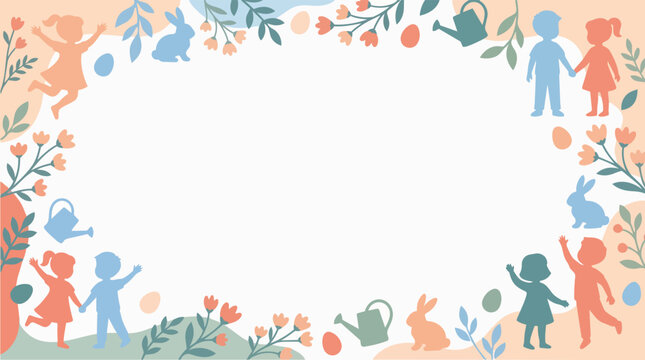 Festive Easter border featuring children, bunnies, and spring flowers, perfect for holiday greetings and celebrations