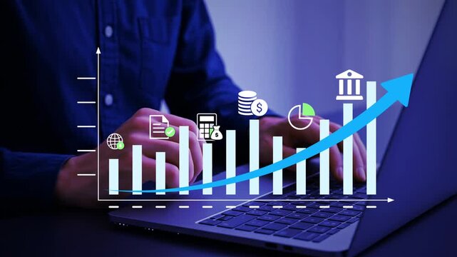 A person interacts with a digital growth chart on a laptop, showcasing financial progress and business insights through various icons and statistics for economic analysis. 4k video clip