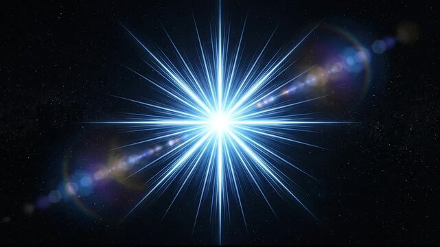 Bright blue star bursting with intense light rays and optical lens flare in space