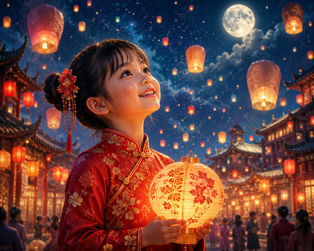 Chinese Girl Holding Lantern During Lantern Festival