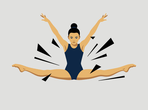 Minimalist vector of a female gymnast in a navy leotard performing a dynamic straddle jump with abstract geometric accents.