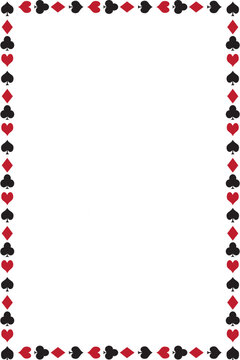 Casino card suit border frame with repeating red hearts and diamonds plus black clubs and spades surrounding a spacious white center for poker invitations gaming posters and themed templates