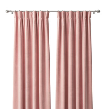 Elegant pair of soft pink velvet curtains hanging on a metal rod for home interior decor as transparent object