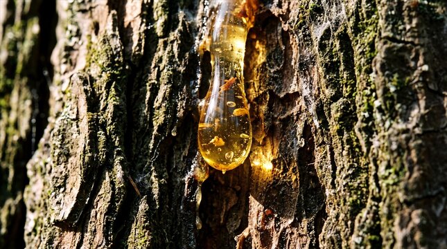 Extreme Macro of Sticky Golden Pine Resin Droplets on Rough Tree Bark