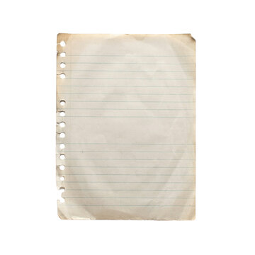 Aged vintage notebook paper sheet with hole punches notebook stationery wrinkled yellowed document parchment background crinkled material scrapbook battered as transparent object