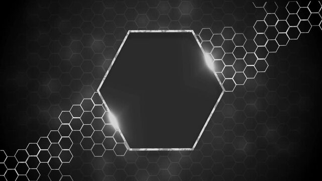 Abstract background with glowing hexagon frame and honeycomb pattern animation