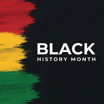 Artistic Black History Month graphic displaying red, yellow, and green paintbrush strokes beside clean white typography.