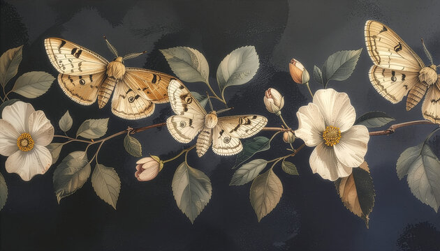 Vintage botanical illustration of cream moths resting among white flowers and leafy branches on a dark textured background, elegant natural history artwork.