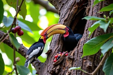 Obraz premium Hornbills on tree with red fruit and green leaves