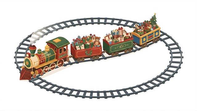 Retro vintage style isometric 2.5D Christmas toy train with engine and carriages full of presents on oval tracks, nostalgic flat vector illustration on pure white background