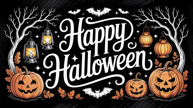 Happy Halloween decorative illustration with pumpkins trees lanterns and bats on black background