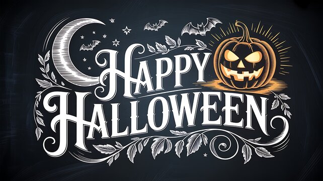 Happy Halloween decorative text with a spooky pumpkin and crescent moon design elements