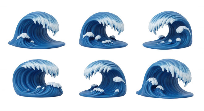 six blue ocean wave sculptures on white background sea movement coastal themes and design