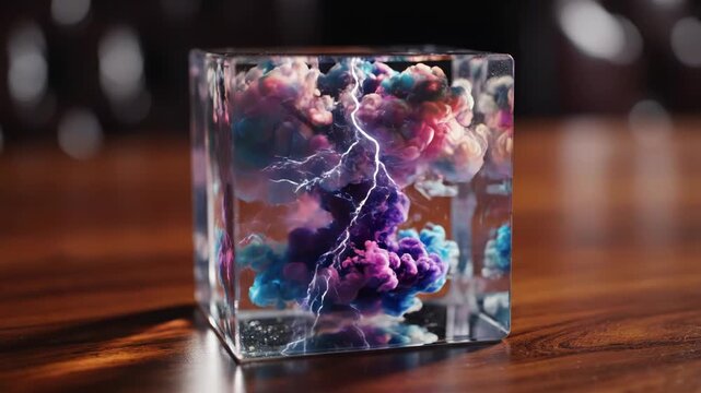 Transparent glass cube on polished wood surface containing swirling pink and blue ink clouds resembling a miniature storm. Highly detailed reflections and soft bokeh background.