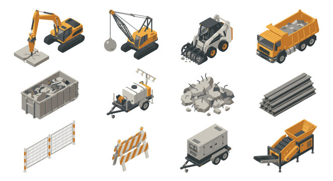 Collection of isometric construction equipment and materials for building and demolition projects.