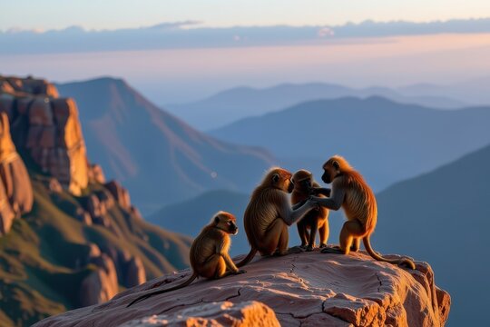 Baboons on cliff edge, sunset, mountain range, wildlife scene