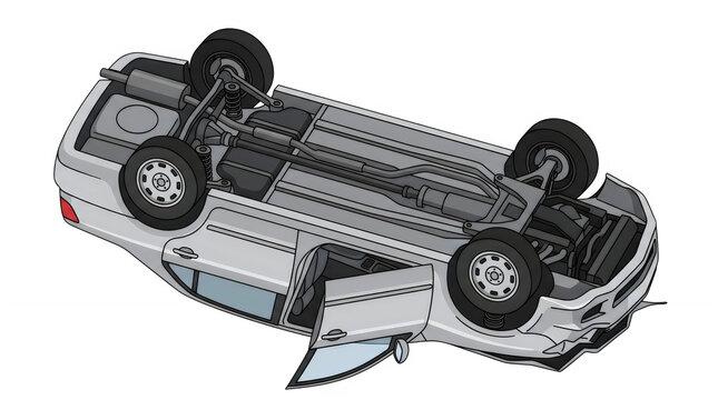 Isometric illustration of a white car flipped over on its roof