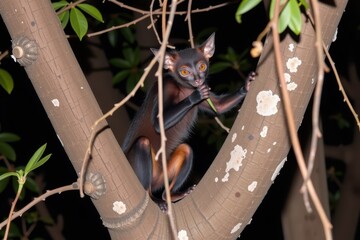 Fototapeta premium Black lemur perches on a tree trunk under moonlight