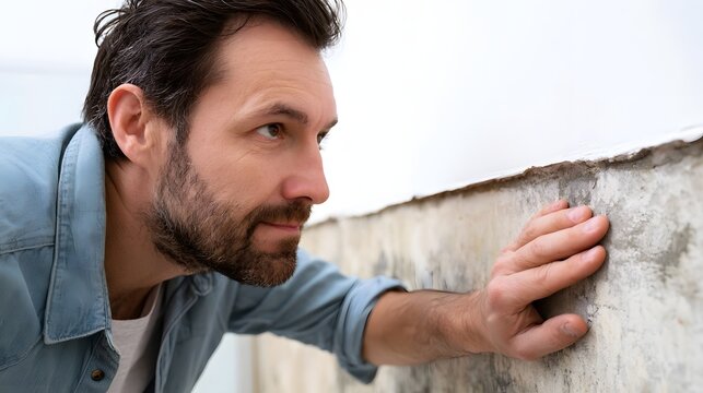 A man with a beard leans against a wall showing signs of moisture damage while inspecting the surface closely