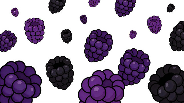 Stylized purple blackberries floating on a black background