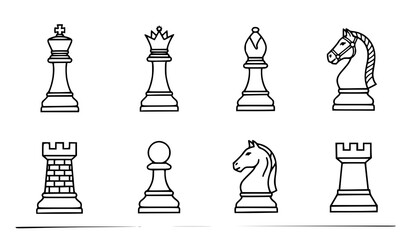 Classic Chess Pieces Outline Icon Set with King, Queen, Bishop, Knight, Rook, and Pawn Elements for Strategy, Competition, and Board Game Vector Designs © Mdariful