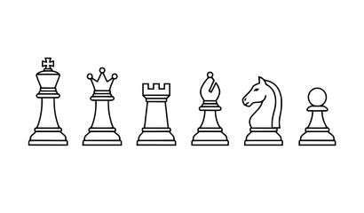 Minimalist Line Art Chess Pieces Icon Set Featuring King, Queen, Rook, Bishop, Knight, and Pawn for Board Game and Strategy Vector Designs © Mdariful