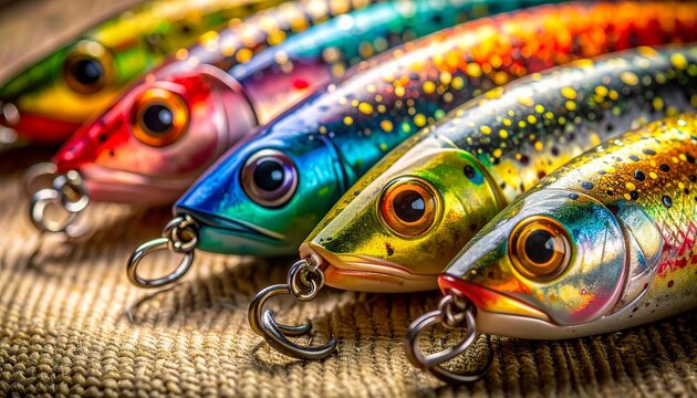 close-up of colorful speckled fishing lures with shiny eyes 
and metal rings lined up on fabric, evoking excitement and anticipation