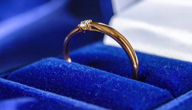 Elegant Gold Ring with Diamond in Blue Velvet Box.