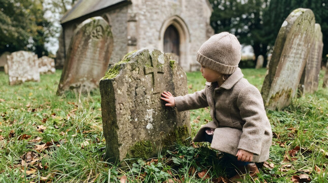 Child touching ancient gravestone in old churchyard. Little girl visiting cemetery to pay tribute to ancestor. Historical memorial and respectful remembrance of family history.