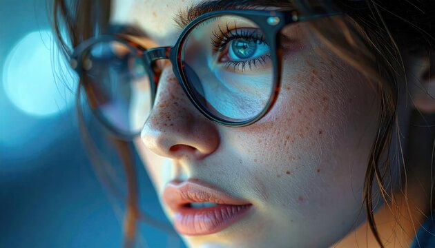 Intense gaze of a woman with glasses reflecting blue light.