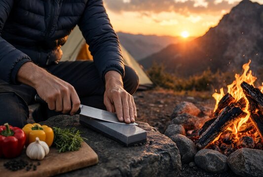 Person Sharpening Knife on Whetstone Near Campfire at Sunset
