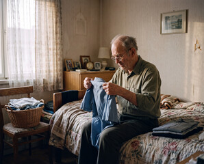 Fototapeta premium Elderly man folding laundry alone in modest bedroom 