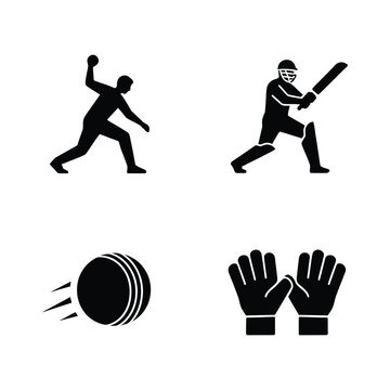 Cricket player batting and bowling in action. Flat vector sports icons for game design and app development.