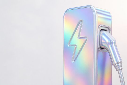 Iridescent EV charging connector on a clean white background
