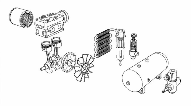 Exploded view illustration of an industrial air compressor system components.