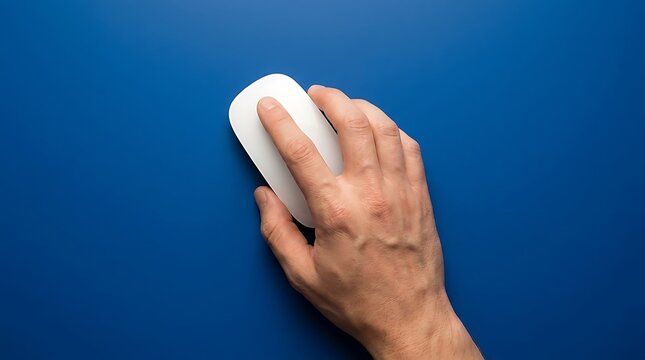Person using modern white computer mouse on blue desk background with computer