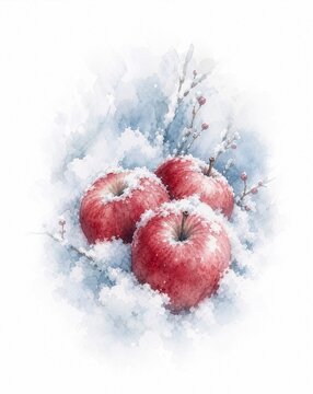 Watercolor red apples in snow with winter berry branches, three fresh fruits covered with snowflakes on frosty cold day
