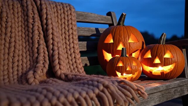 Cozy knitted blanket drapes a wooden bench. Three glowing jack-o'-lanterns sit warmly beside it. Soft twilight sky frames the seasonal scene. Festive, cozy, and inviting Halloween vibes