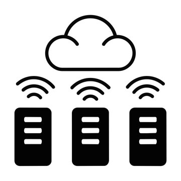 Minimalist monoline cloud icon connected to three server modules on a white background, modern cloud computing concept
